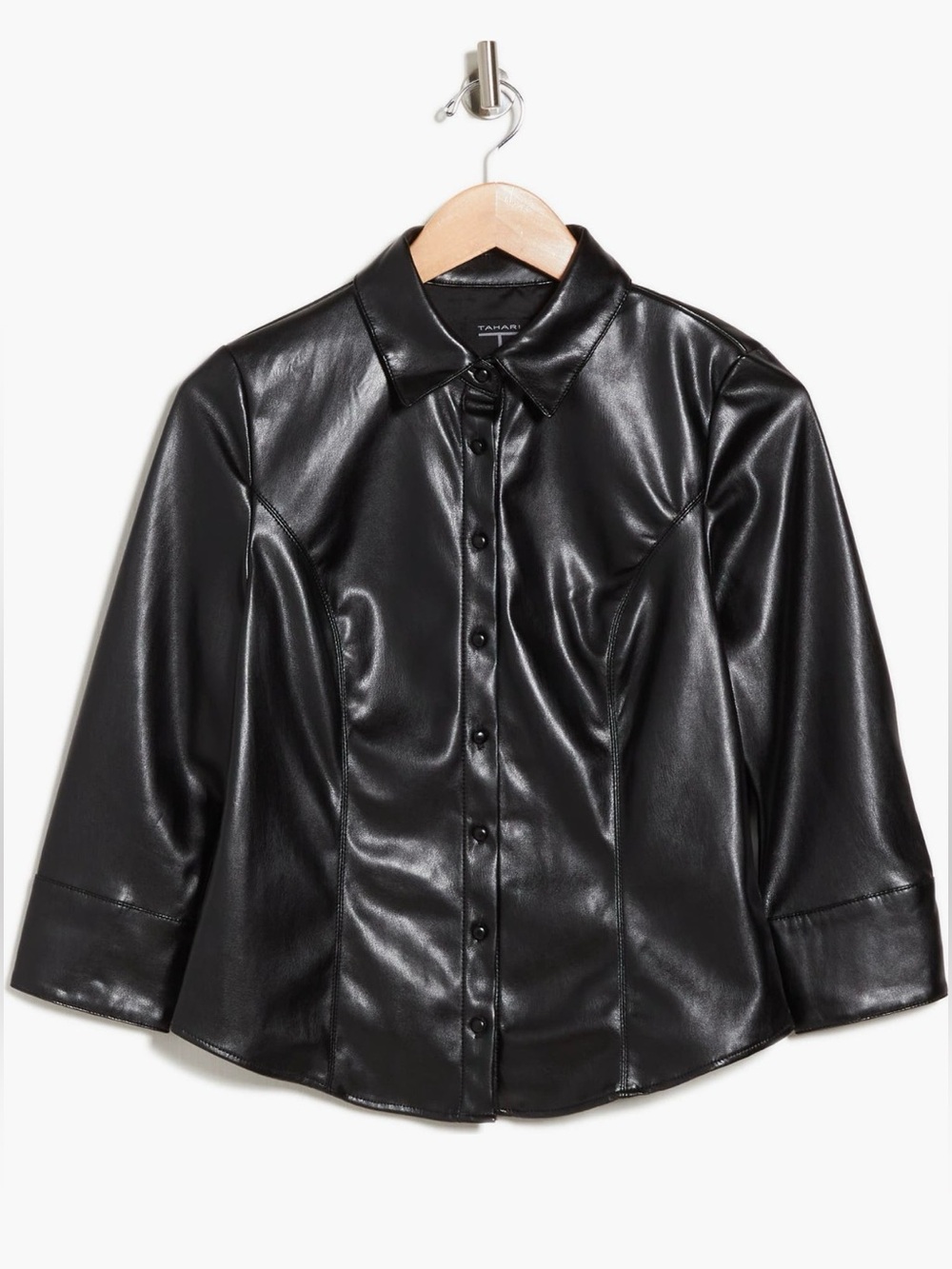 Tahari Black Faux Leather Fitted Shirt Jacket | Small | NWT